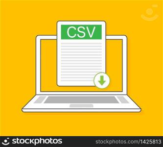 Download CSV button on laptop screen. Downloading document concept. File with CSV label and down arrow sign. Vector illustration. Download CSV button on laptop screen. Downloading document concept. File with CSV label and down arrow sign. Vector illustration.
