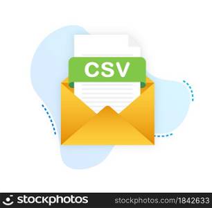 Download CSV button on laptop screen. Downloading document concept. File with CSV label and down arrow sign. Vector illustration.. Download CSV button on laptop screen. Downloading document concept. File with CSV label and down arrow sign. Vector illustration
