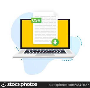 Download CSV button on laptop screen. Downloading document concept. File with CSV label and down arrow sign. Vector illustration.. Download CSV button on laptop screen. Downloading document concept. File with CSV label and down arrow sign. Vector illustration