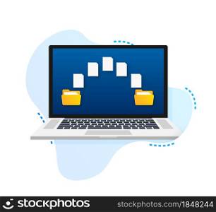 Download CSV button on laptop screen. Downloading document concept. File with CSV label and down arrow sign. Vector illustration. File transfer. laptops with folders on screen and transferred documents. Copy files, data exchange, backup. Vector illustration.