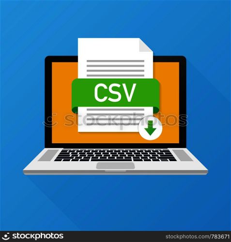 Download CSV button on laptop screen. Downloading document concept. File with CSV label and down arrow sign. Vector stock illustration.