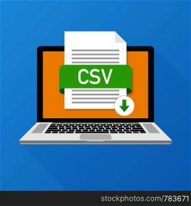 Download CSV button on laptop screen. Downloading document concept. File with CSV label and down arrow sign. Vector stock illustration.