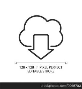 Download data from cloud based storage pixel perfect linear icon. Free access to information on internet. Thin line illustration. Contour symbol. Vector outline drawing. Editable stroke. Download data from cloud based storage pixel perfect linear icon