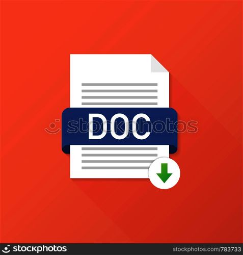 Download DOC button. Downloading document concept. File with DOC label and down arrow sign. Vector stock illustration.