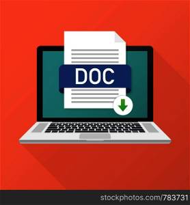 Download DOC button on laptop screen. Downloading document concept. File with DOC label and down arrow sign. Vector stock illustration.