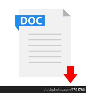 Download DOC icon on white background. DOC file with down arrow sign. Downloading document. flat style.