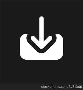 Download file dark mode glyph ui icon. Uploading process. Transfer data. User interface design. White silhouette symbol on black space. Solid pictogram for web, mobile. Vector isolated illustration. Download file dark mode glyph ui icon