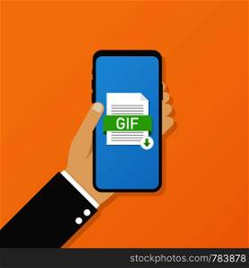 Download GIF button on smartphone screen. Downloading document concept. File with GIF label and down arrow sign. Vector stock illustration.