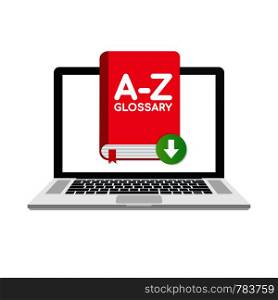 Download Glossary book on laptop. Vector stock illustration.