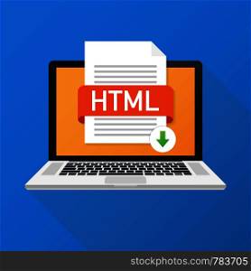 Download HTML button on laptop screen. Downloading document concept. File with HTML label and down arrow sign. Vector stock illustration.