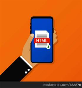 Download HTML button on smartphone screen. Downloading document concept. File with HTML label and down arrow sign. Vector stock illustration.