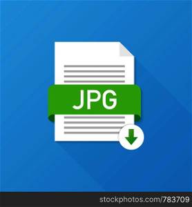 Download JPG button. Downloading document concept. File with JPG label and down arrow sign. Vector stock illustration.