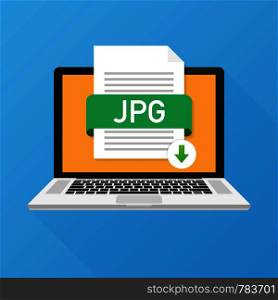 Download JPG button on laptop screen. Downloading document concept. File with JPG label and down arrow sign. Vector stock illustration.