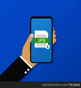 Download JPG button on smartphone screen. Downloading document concept. File with JPG label and down arrow sign. Vector stock illustration.