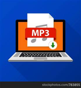 Download MP3 button on laptop screen. Downloading document concept. File with MP3 label and down arrow sign. Vector stock illustration.