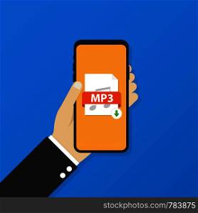 Download MP3 button on smartphone screen. Downloading document concept. File with MP3 label and down arrow sign. Vector stock illustration.