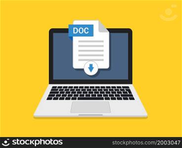 Download of doc document in computer. Icon of upload file in laptop. Digital text file for download from internet. Click to save of document with data. Vector.. Download of doc document in computer. Icon of upload file in laptop. Digital text file for download from internet. Click to save of document with data. Vector