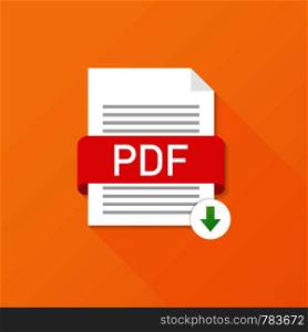 Download PDF button. Downloading document concept. File with PDF label and down arrow sign. Vector stock illustration.