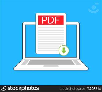 Download PDF button on laptop screen. Downloading document concept. File with PDF label and down arrow sign. Vector illustration. Download PDF button on laptop screen. Downloading document concept. File with PDF label and down arrow sign. Vector illustration.