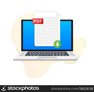 Download PDF button on laptop screen. Downloading document concept. File with PDF label and down arrow sign. Vector illustration.. Download PDF button on laptop screen. Downloading document concept. File with PDF label and down arrow sign. Vector illustration