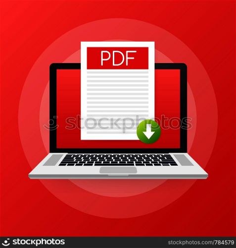 Download PDF button on laptop screen. Downloading document concept. File with PDF label and down arrow sign. Vector illustration.. Download PDF button on laptop screen. Downloading document concept. File with PDF label and down arrow sign. Vector stock illustration.