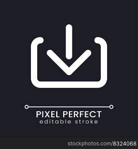Download pixel perfect white linear ui icon for dark theme. Down arrow. Copy into computer. Vector line pictogram. Isolated user interface symbol for night mode. Editable stroke. Poppins font used. Download pixel perfect white linear ui icon for dark theme