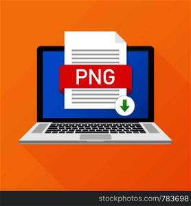 Download PNG button on laptop screen. Downloading document concept. File with PNG label and down arrow sign. Vector stock illustration.