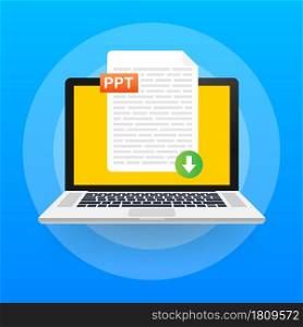 Download PPT button. Downloading document concept. File with PPT label and down arrow sign. Vector illustration.. Download PPT button. Downloading document concept. File with PPT label and down arrow sign. Vector illustration