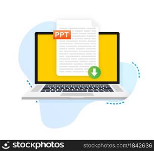 Download PPT button. Downloading document concept. File with PPT label and down arrow sign. Vector illustration. Download PPT button. Downloading document concept. File with PPT label and down arrow sign. Vector illustration.
