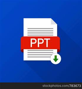 Download PPT button. Downloading document concept. File with PPT label and down arrow sign. Vector stock illustration.