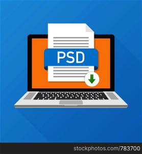 Download PSD button on laptop screen. Downloading document concept. File with PSD label and down arrow sign. Vector stock illustration.