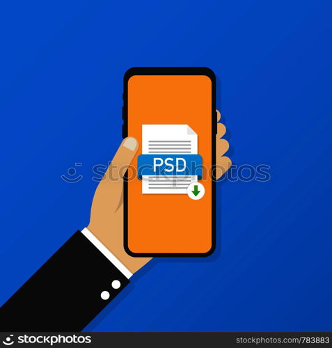 Download PSD button on smartphone screen. Downloading document concept. File with PSD label and down arrow sign. Vector stock illustration.