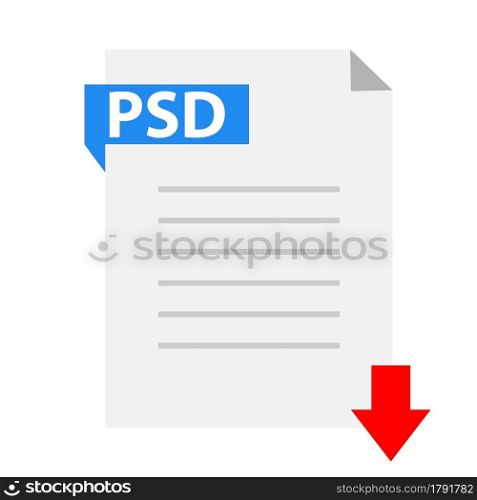 Download PSD icon on white background. PSD file with down arrow sign. PSD document type symbol. flat style.