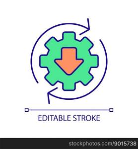 Download setup upgrade RGB color icon. Cogwheel with downward arrow. Technology innovations and development. Isolated vector illustration. Simple filled line drawing. Editable stroke. Download setup upgrade RGB color icon