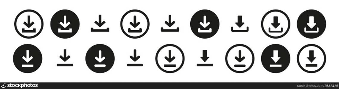 Download simple icons set. Down arrow sign. Download file document round button. Vector illustration.. Download simple icons set. Down arrow sign.