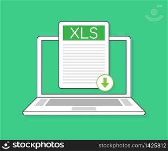 Download XLS button on laptop screen. Downloading document concept. File with XLS label and down arrow sign. Vector illustration. Download XLS button on laptop screen. Downloading document concept. File with XLS label and down arrow sign. Vector illustration.