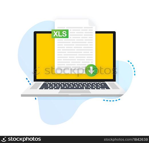 Download XLS button on laptop screen. Downloading document concept. File with XLS label and down arrow sign. Vector illustration.. Download XLS button on laptop screen. Downloading document concept. File with XLS label and down arrow sign. Vector illustration