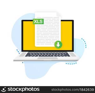 Download XLS button on laptop screen. Downloading document concept. File with XLS label and down arrow sign. Vector illustration.. Download XLS button on laptop screen. Downloading document concept. File with XLS label and down arrow sign. Vector illustration