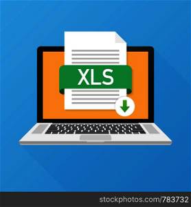 Download XLS button on laptop screen. Downloading document concept. File with XLS label and down arrow sign. Vector stock illustration.