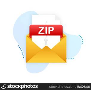 Download ZIP button. Downloading document concept. File with ZIP label and down arrow sign. Vector illustration. Download ZIP button. Downloading document concept. File with ZIP label and down arrow sign. Vector illustration.