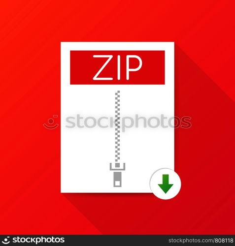 Download ZIP button. Downloading document concept. File with ZIP label and down arrow sign. Vector stock illustration.