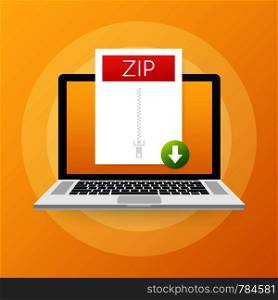 Download ZIP button on laptop screen. Downloading document concept. File with ZIP label and down arrow sign. Vector illustration.. Download ZIP button on laptop screen. Downloading document concept. File with ZIP label and down arrow sign. Vector stock illustration.