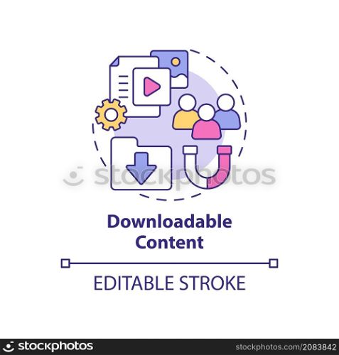 Downloadable content concept icon. Leads generating tool. Digital marketing abstract idea thin line illustration. Isolated outline drawing. Editable stroke. Roboto-Medium, Myriad Pro-Bold fonts used. Downloadable content concept icon