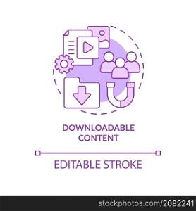 Downloadable content purple concept icon. Leads generation. Digital marketing abstract idea thin line illustration. Isolated outline drawing. Editable stroke. Roboto-Medium, Myriad Pro-Bold fonts used. Downloadable content purple concept icon