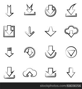Downloading icons set. Hand drawn imitation downloading icons set isolated on white background. Vector line art icons design