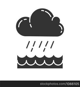 Downpour glyph icon. Cloud, heavy rainfall, incoming water. Rainstorm. Torrential, pouring rain over water. Meteorological phenomenon. Silhouette symbol. Negative space. Vector isolated illustration