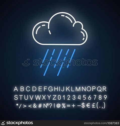 Downpour neon light icon. Rainstorm. Cloud, heavy rainfall. Torrential, pouring rain. Weather event. Monsoon season. Glowing sign with alphabet, numbers and symbols. Vector isolated illustration