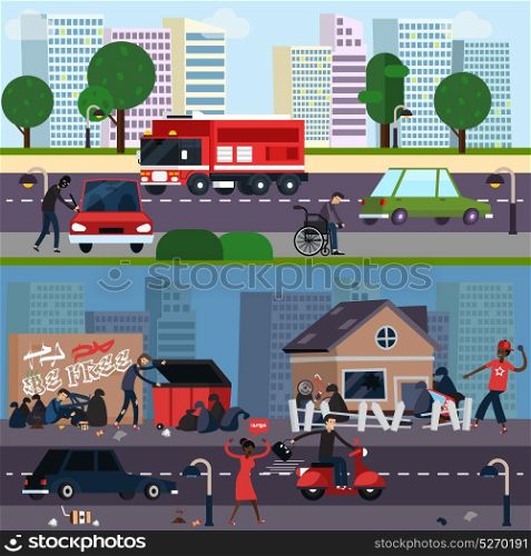 Downtown And Ghetto Character Composition Set . Downtown and ghetto character composition set distinctions of different segments of the population vector illustration