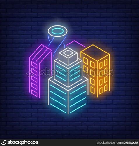 Downtown buildings neon sign. Architecture, city design. Night bright neon sign, colorful billboard, light banner. Vector illustration in neon style.