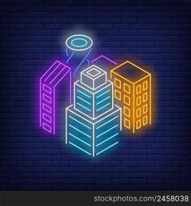 Downtown buildings neon sign. Architecture, city design. Night bright neon sign, colorful billboard, light banner. Vector illustration in neon style.